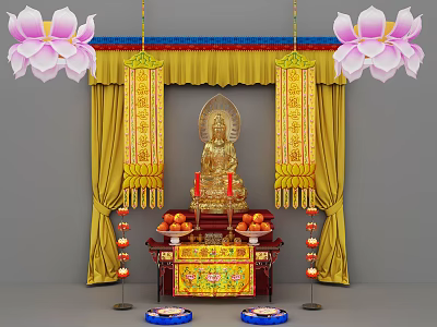 Buddha Sculpture with Yellow Curtains Pink Lotus Flowers and Altar Table Fruits Candles Red Lanterns 3d model