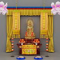 Buddha Sculpture with Yellow Curtains Pink Lotus Flowers and Altar Table Fruits Candles Red Lanterns