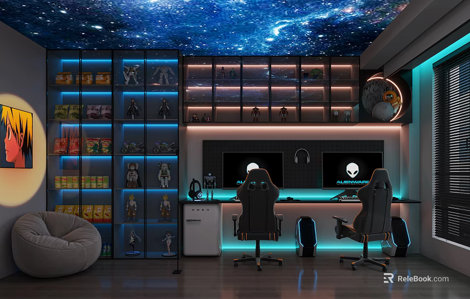 Starry Sky Themed Gaming Room With Display Shelves Action Figures Snacks And Neon Lights 3d model 