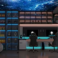 Starry Sky Themed Gaming Room With Display Shelves Action Figures Snacks And Neon Lights