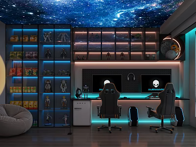 Starry Sky Themed Gaming Room With Display Shelves Action Figures Snacks And Neon Lights 3d model