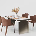 Modern Brown Dining Table Set with Four Chairs Vase and Tableware 3d model