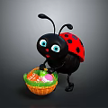 Cute Cartoon Ladybug Standing And Holding Basket With Decorated Easter Eggs Against Gray Background 3d model