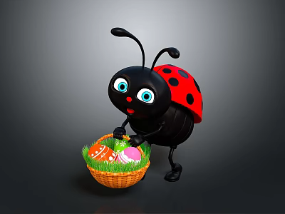 Cute Cartoon Ladybug Standing And Holding Basket With Decorated Easter Eggs Against Gray Background 3d model
