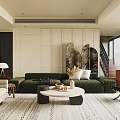 Modern Living Dining Room with Green Sofa White Chair Coffee Table and City View Window
