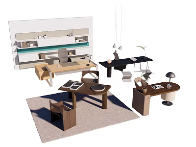 Various Home Office Table And Chair Sets With Wooden Desks Lamps And Plants 3d model