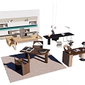 Various Home Office Table And Chair Sets With Wooden Desks Lamps And Plants