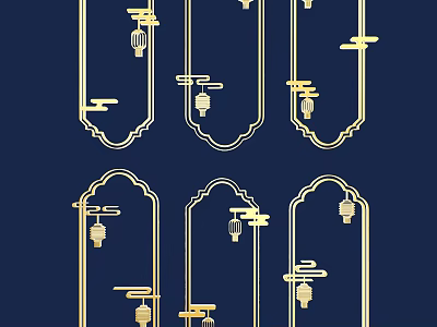 Elegant Golden Carved Frames With Traditional Lanterns On Dark Blue Background 3d model