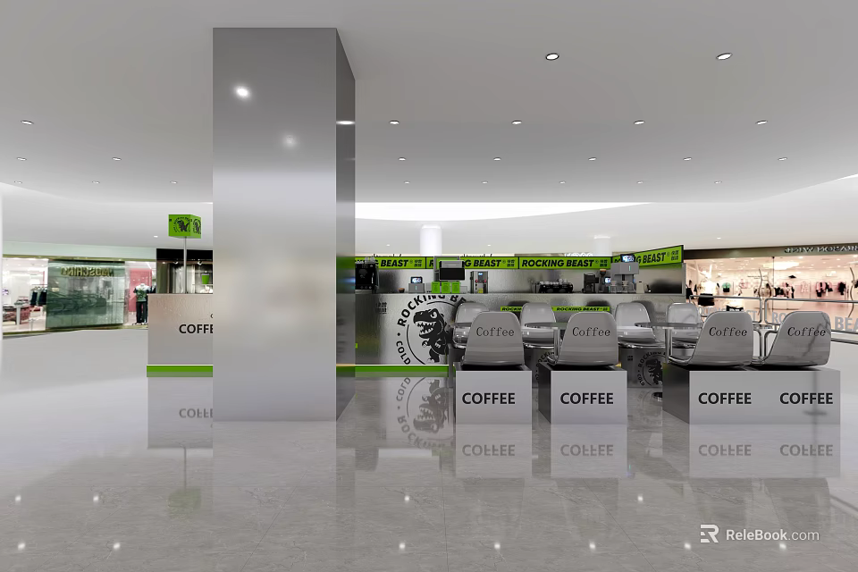 Modern Coffee Shop Interior Design With Counter Chairs Coffee Signs And Bright Space 3d model 