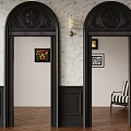 Black Arched Doorways In Interior With Patterned Wallpaper Herringbone Floor And Armchair