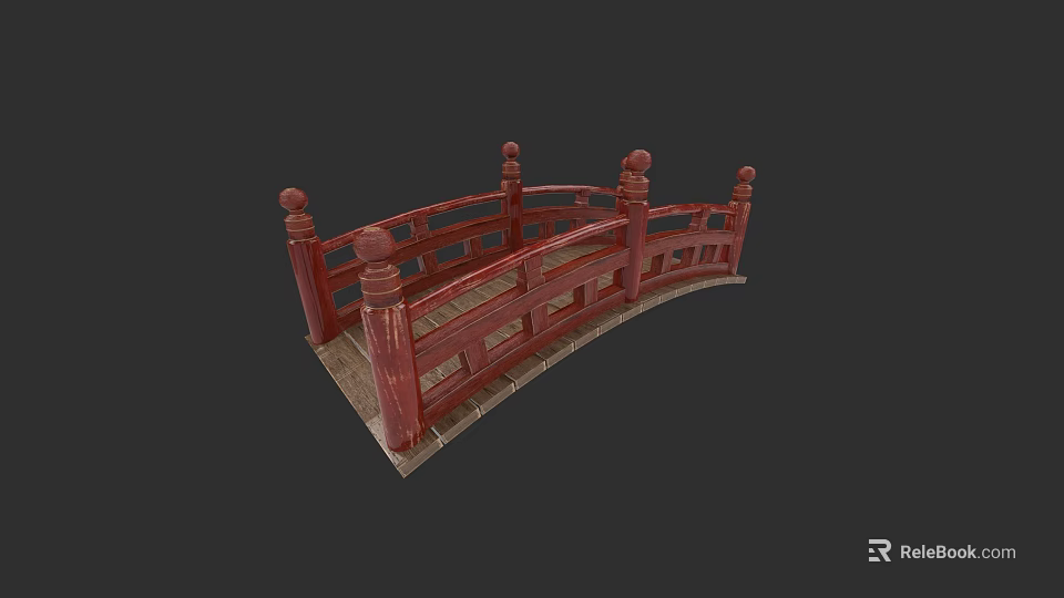 Traditional Chinese Garden Landscape With Red Arch Bridge And Ornate Railings 3d model 
