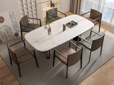 Modern Dining Table Set With White Marble Top Six Upholstered Chairs On Area Rug By Window 3d model