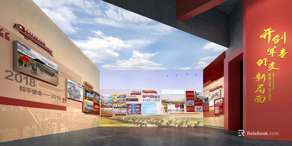 Exhibition Hall Interior Featuring Display Boards Images Text Brand Logos And Blue Sky Decor 3d model 