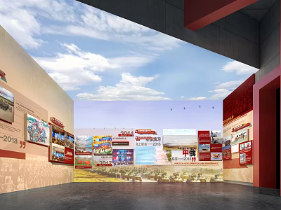 Exhibition Hall Interior Featuring Display Boards Images Text Brand Logos And Blue Sky Decor 3d model