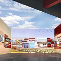 Exhibition Hall Interior Featuring Display Boards Images Text Brand Logos And Blue Sky Decor