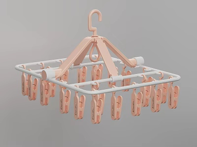 Foldable Laundry Hanger with Multiple Pink Clips and White Frame for Drying Small Clothes 3d model