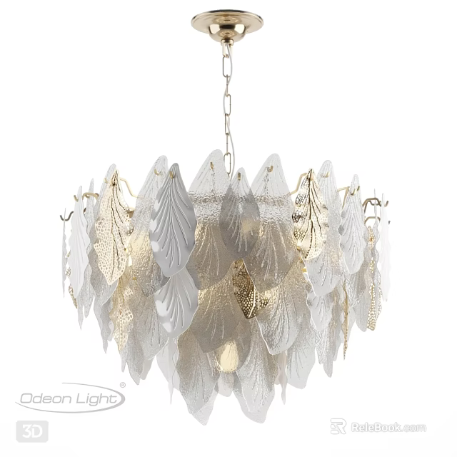 Elegant Modern Leaf Shaped Chandelier with White and Gold Decorative Petals 3d model 