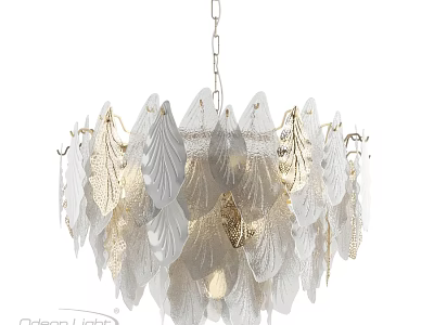 Elegant Modern Leaf Shaped Chandelier with White and Gold Decorative Petals 3d model