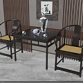 Traditional Chinese Dark Wood Table Chair Set With Vase Tea Set And Wooden Lattice Wall