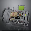 Futuristic Mechanical Device With Gray Body Green Screen Yellow Control Panel Red Wires And Wheels