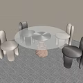 Modern Round White Table With Gray And Beige Chairs On Brown Carpet