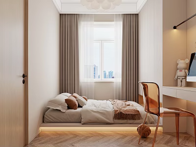 Tatami Bedroom Interior Design With Warm Lighting Comfortable Bed Pillows Curtains And Wooden Desk Chair 3d model