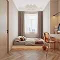 Tatami Bedroom Interior Design With Warm Lighting Comfortable Bed Pillows Curtains And Wooden Desk Chair