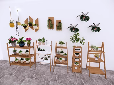 Wooden Plant Stands With Various Potted Plants For Indoor Home Decor 3d model