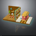 Miniature Wooden Building With Pink Tram And Steps On Wooden Floor