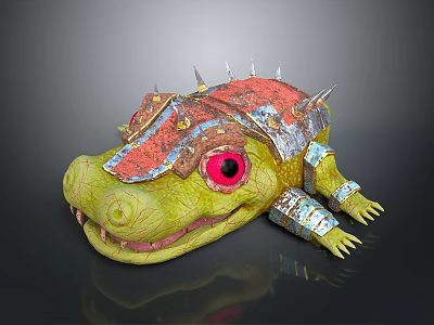 Fantasy Green Crocodile Character With Red Eyes Spiked Head And Metal Armor 3d model
