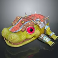 Fantasy Green Crocodile Character With Red Eyes Spiked Head And Metal Armor