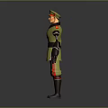 3D Military Character With Green Uniform Red Accents Hat And Mechanical Arm