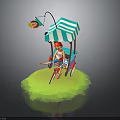 Cartoon Rickshaw Scene With Blue White Striped Canopy Rider Red Hat And Green Grass Base