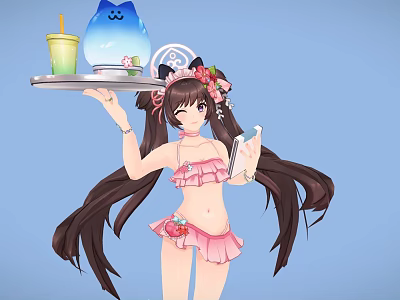 Woman In Pink Bikini With Long Hair Holding Tray With Drink Snacks And Floral Hairpieces 3d model