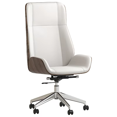 Modern High Back White Leather Office Chair With Wooden Accents And Metal Base 3d model