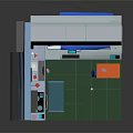 Cartoon Scene of Futuristic Workstation With Console Screen Green Floor and Orange Boxes