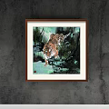 Tiger Animal Painting In Wooden Frame With Moon And Footprints On Dark Background