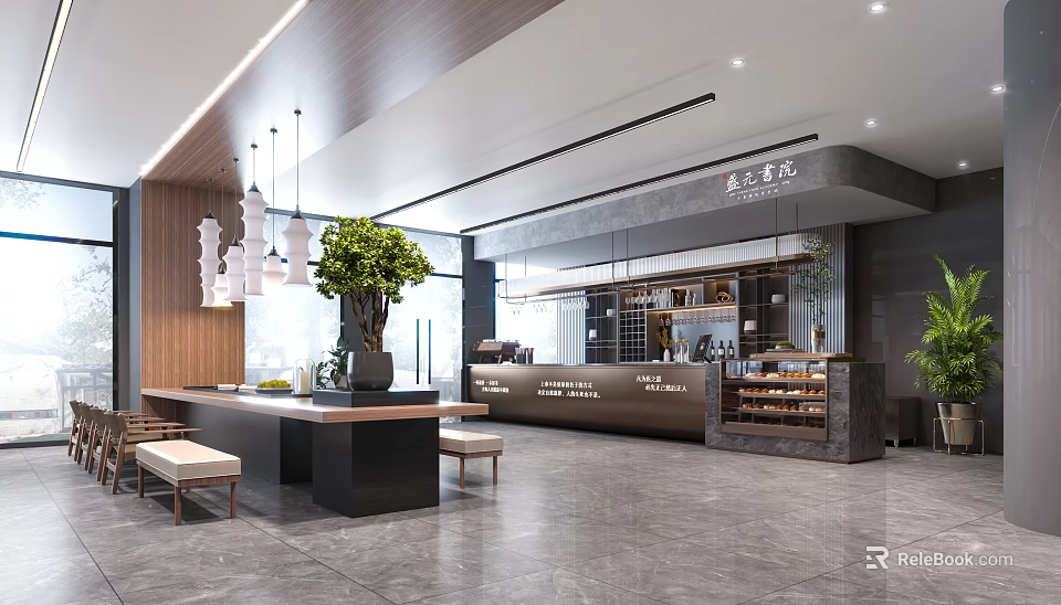 Modern Elegant Milk Tea Shop Interior Design With Open Counter Green Plants And Hanging Lights 3d model 
