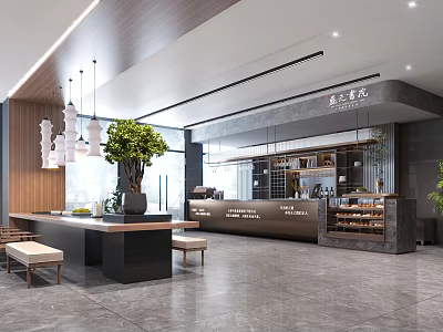 Modern Elegant Milk Tea Shop Interior Design With Open Counter Green Plants And Hanging Lights 3d model