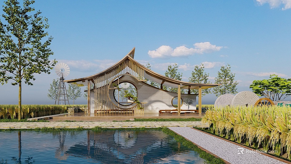 Wooden Pavilion With Circular Window And Windmill By Water Pool In Rice Field 3d model 