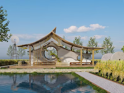Wooden Pavilion With Circular Window And Windmill By Water Pool In Rice Field 3d model