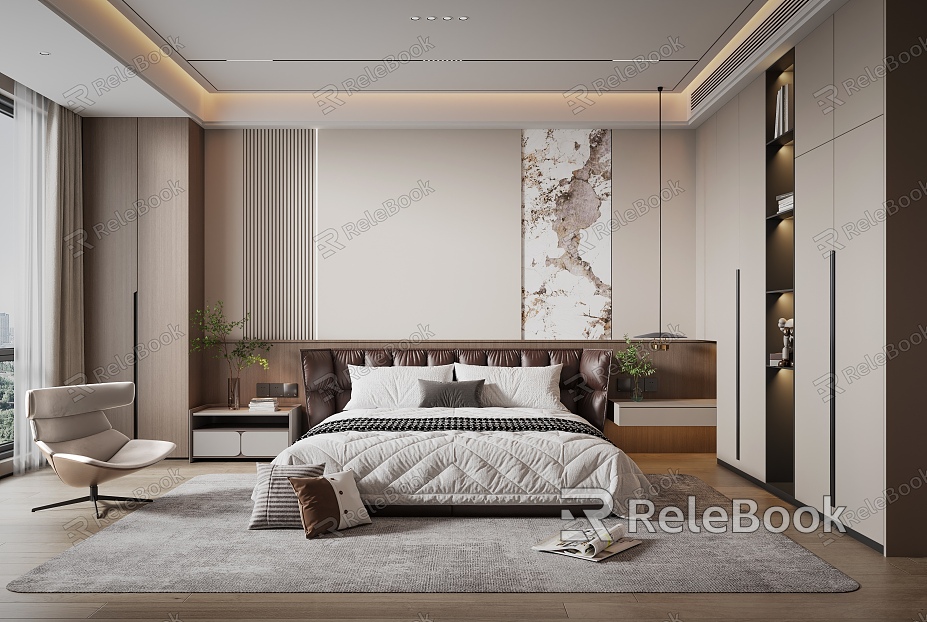 Modern Italian Style Bedroom Wardrobe Bedside Table Suspension Bed Chandelier Carpet Curtain model