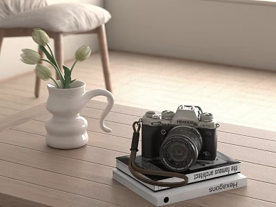 Vintage Digital Camera Placed On Wooden Table With Books White Vase And Flowers 3d model