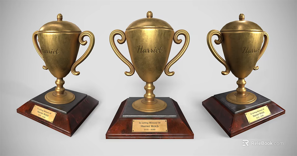 Three Golden Trophies with Wooden Base and Engraved Annual Best Employee Inscriptions Displayed 3d model 
