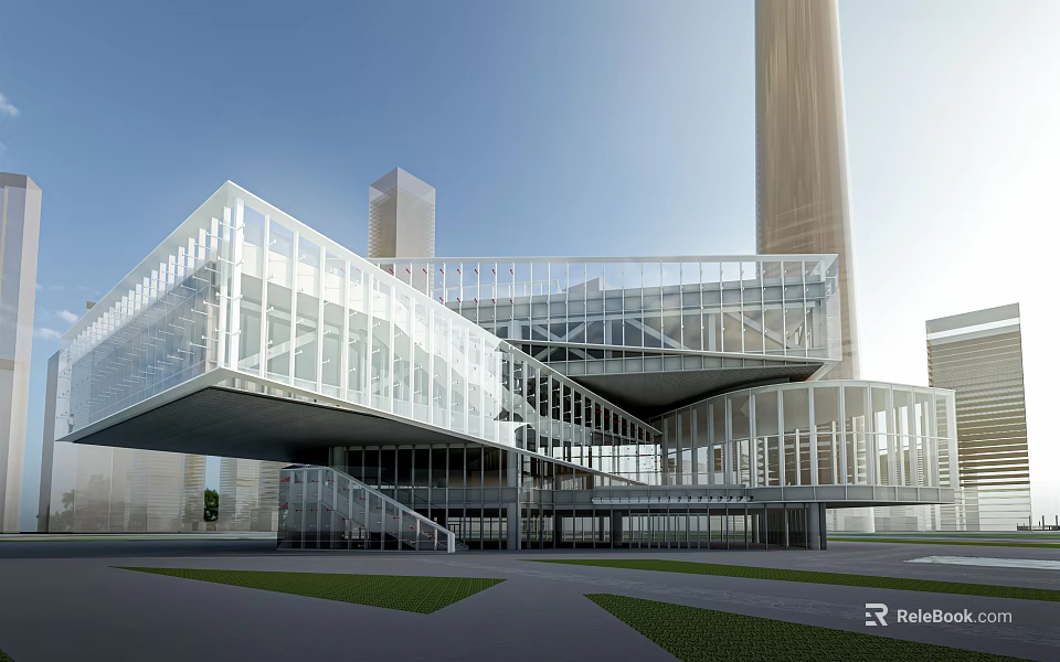 Modern Architecture Exterior With Glass Curtain Wall Steel Structure Tall Tower And Open Green Plaza 3d model 