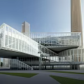 Modern Architecture Exterior With Glass Curtain Wall Steel Structure Tall Tower And Open Green Plaza