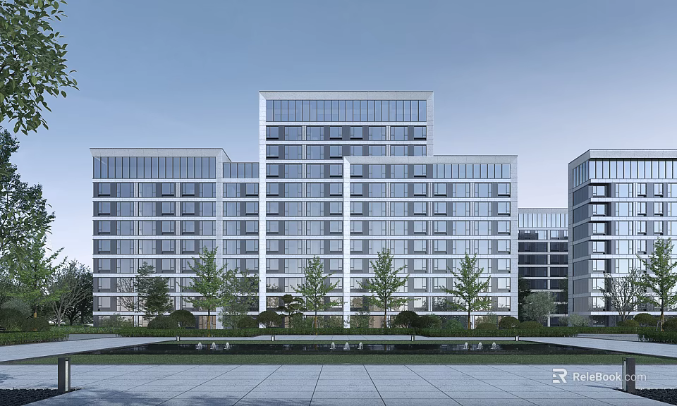 Modern Residential Building Exterior With Glass Curtain Walls Landscaped Trees And Open Plaza 3d model 