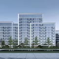 Modern Residential Building Exterior With Glass Curtain Walls Landscaped Trees And Open Plaza