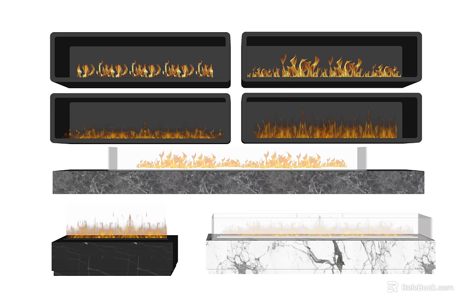 Modern Fireplace Designs With Black And Marble Styles And Realistic Flame Effects 3d model 