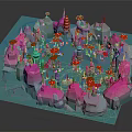 Colorful Whimsical Cartoon Scene With Pink White Geometric Buildings Red Umbrella Structures And Green Towers